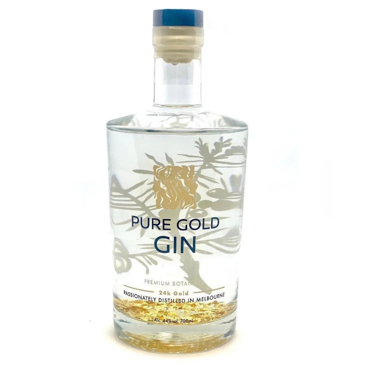 24K PURE GOLD GIN bottle showcasing premium gin with gold flakes and floral design, 700mL.