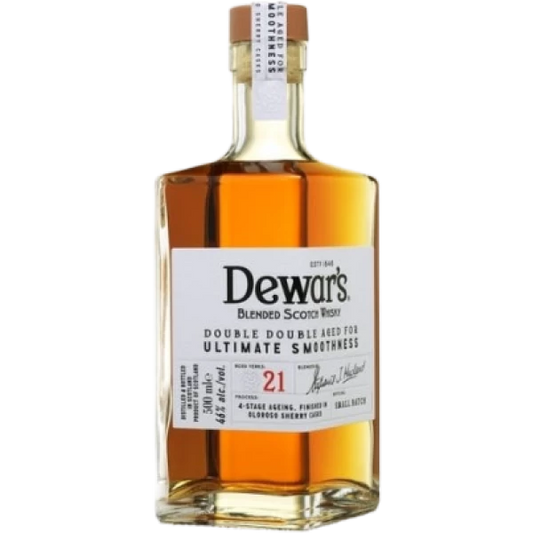 A bottle of Dewar's 21 Year Old Double Double Scotch Whisky with a label indicating it is a 500ml bottle and showing the brand's name and age.