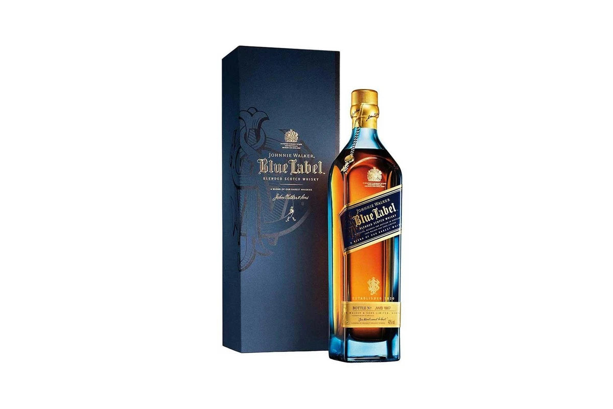 Johnnie Walker Blue Label bottle and box on a white background