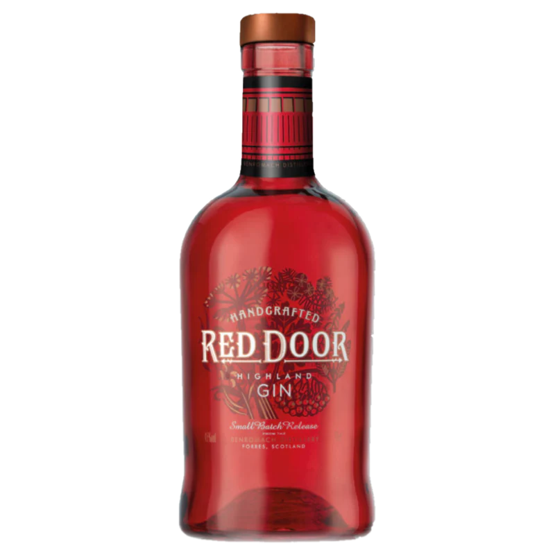 Red Door Scottish Highland Gin by Alba Whisky in a 700mL bottle, featuring a vibrant red door label and traditional gin design.