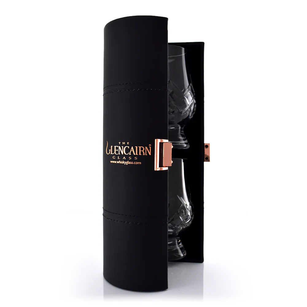 Two Alba Whisky Glencairn Cut Crystal Tartan mixer glasses in a travel case, designed for whisky tasting and sipping.