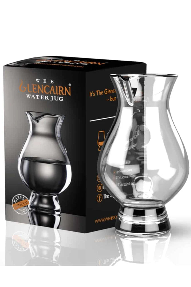 Alba Whisky Glencairn Crystal Wee Water Jug in printed gift box, clear glass with engraved branding, ideal for whiskey serving.
