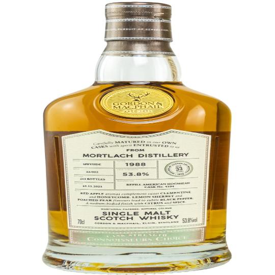 Gordon & Macphail Mortlach 1988 single malt Scotch whisky, 33-year-old, in a clear glass bottle with whisky label.