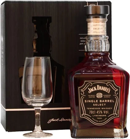 ALM Jack Daniel's Single Barrel Rye Whiskey 700ml with a glass, showcasing the rich amber color and elegant packaging.