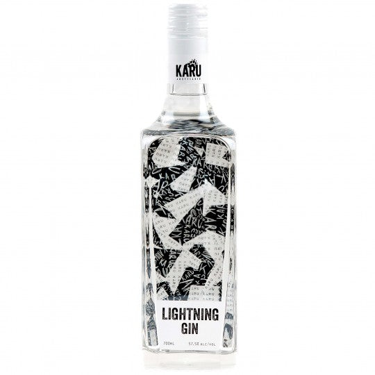 Karu Distillery Lightning Gin 700ml navy strength gin bottle with clear label and dark glass, showcasing the Kaddy-KARU DISTILLERY branding.