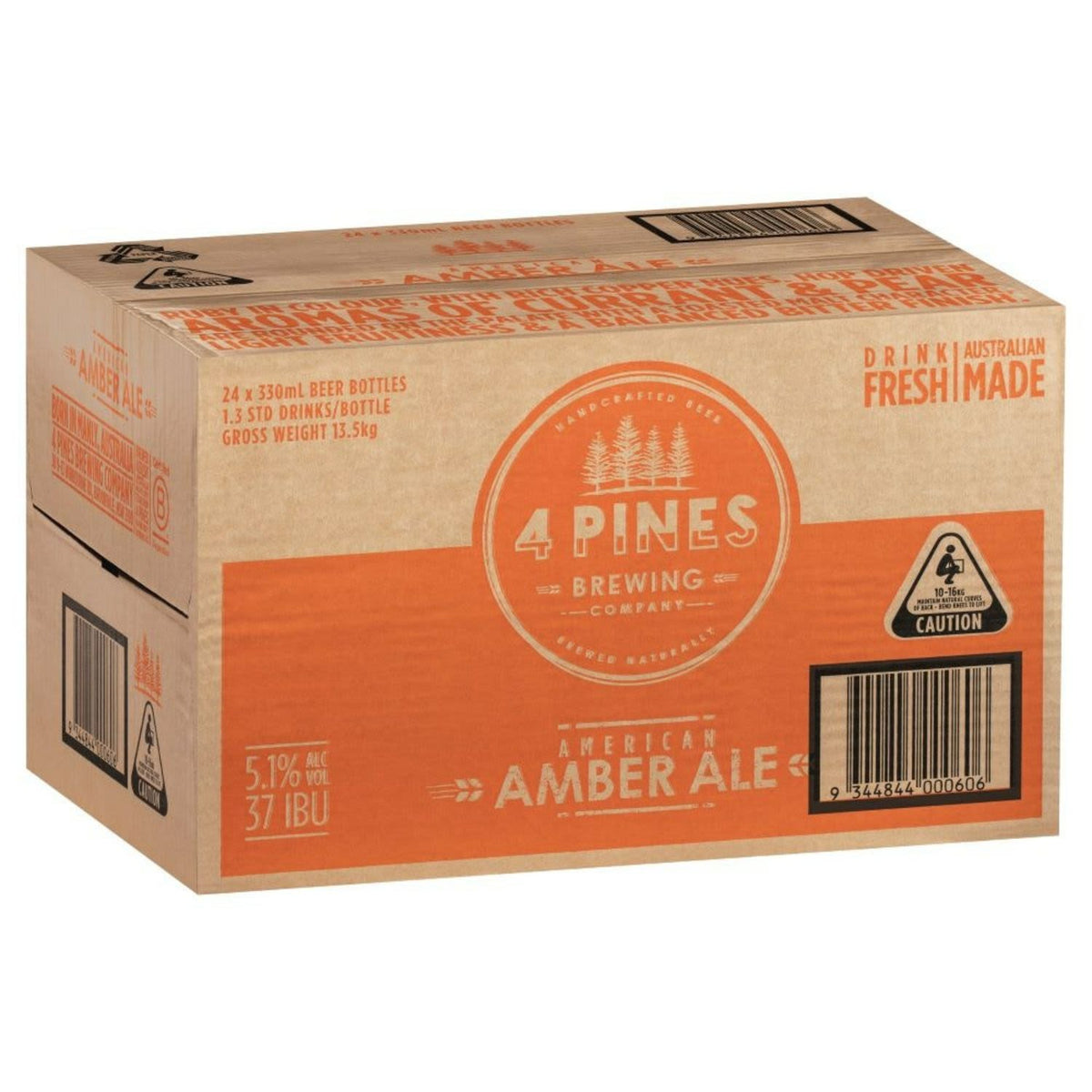 Four Pines American Amber Ale 330ml bottles, pack of 24, featuring the beer's label and amber color in a retail display