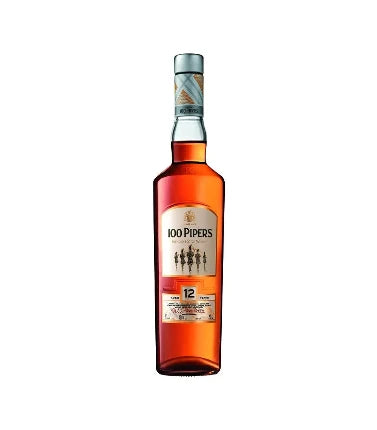Bottle of LiquorDay 100 Pipers 12 Year Old Blended Scotch Whisky in a 750ml bottle, with a dark label and amber liquid inside.