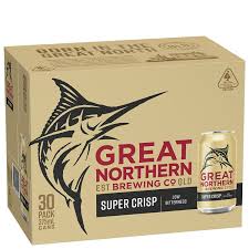 Six packs of Great Northern Super Crisp Lager bottles in 375ml size, featuring classic beer branding and clear labels.