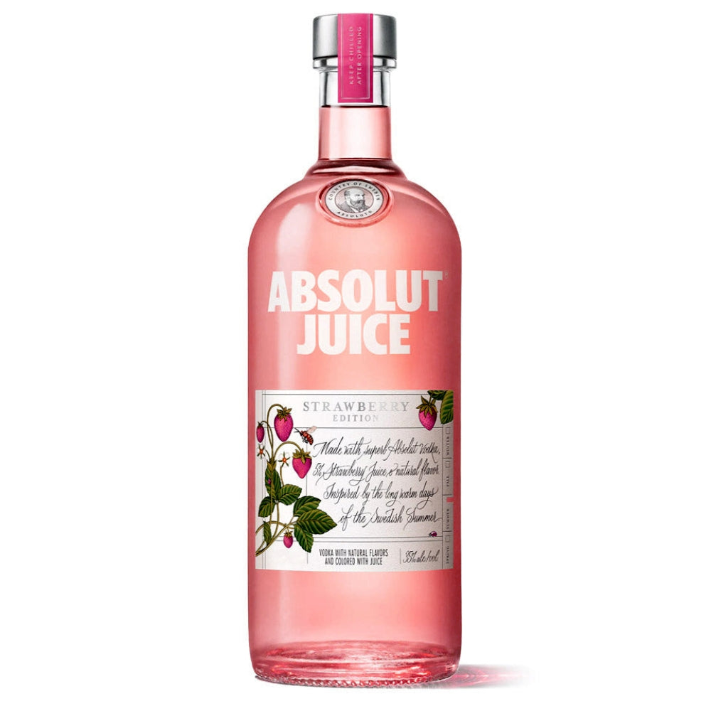 Bottle of Absolut Strawberry Juice Edition Vodka 750ml featuring a clear glass bottle with red and pink strawberry-themed label.