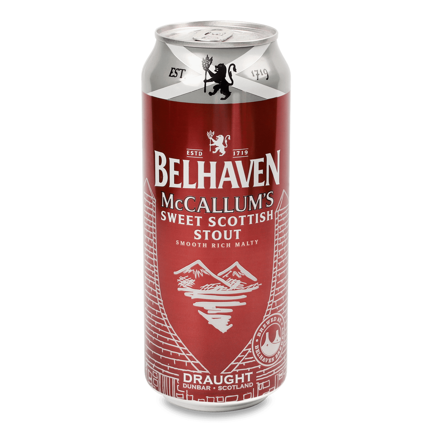 Four 440ml cans of Belhaven McCallum's Stout in a 24-pack case, featuring dark stout beer from LiquorDay.