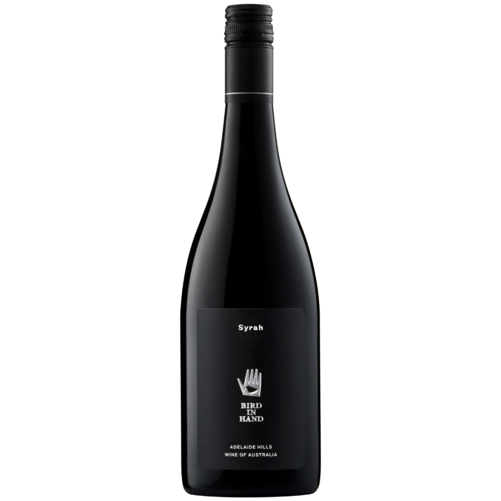 Bottle of Bird in Hand Syrah wine, 750ml, from LiquorDay, with dark red wine visible through the glass bottle.