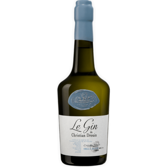 Christian Drouin Le Gin Blanc Dry Apple Gin 700ml bottle, clear glass with label, showcasing the elegant packaging and branding.
