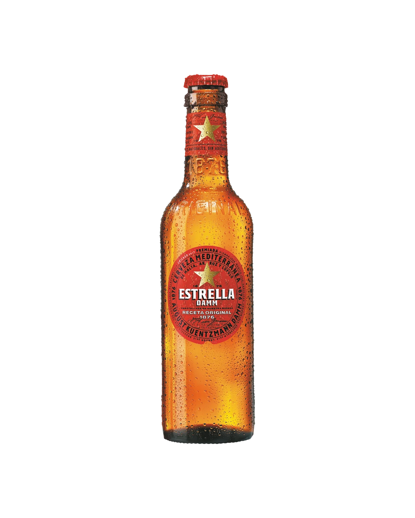 Six 330ml bottles of Estrella Damm beer in a LiquorDay pack, featuring the classic lager brand in clear glass bottles.