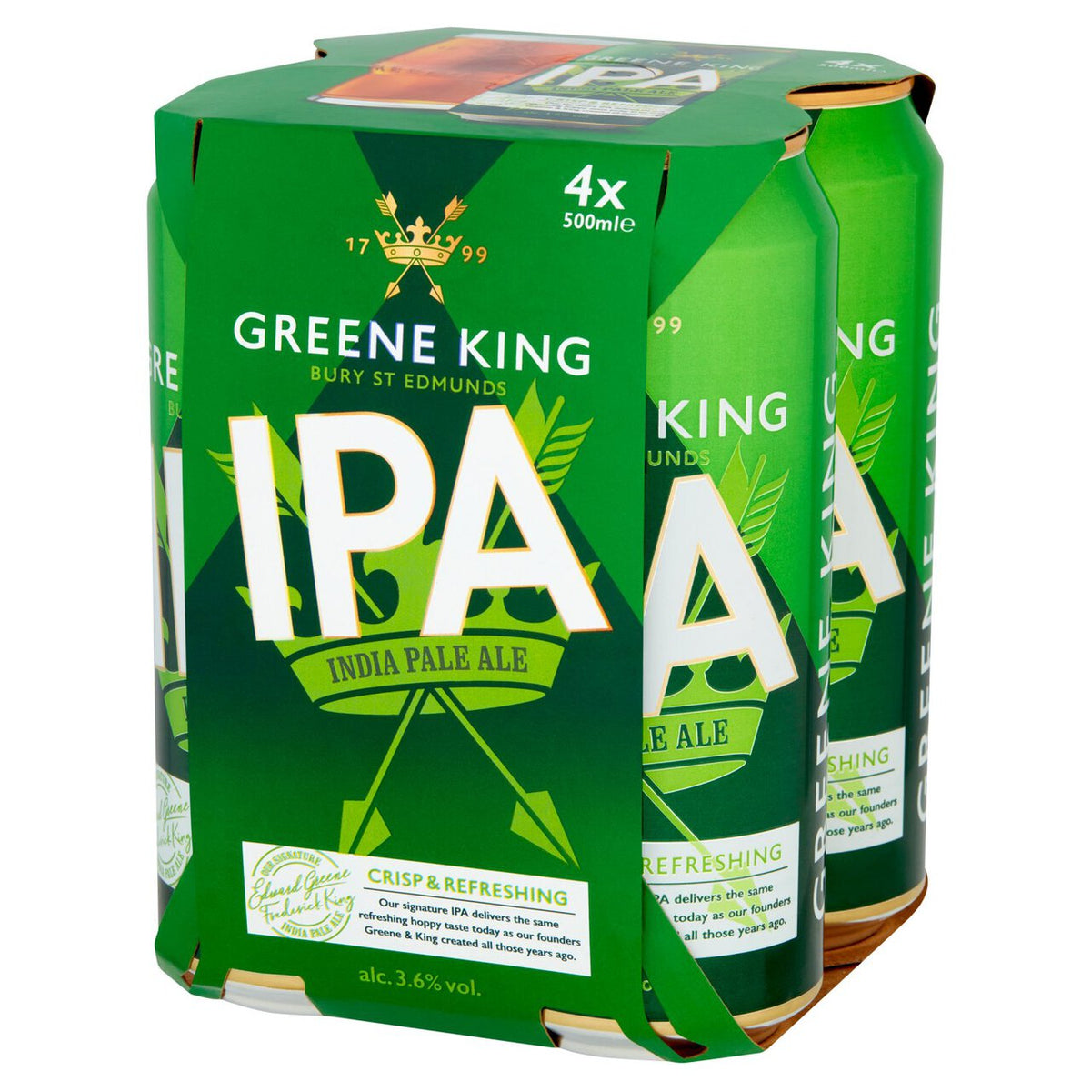 Four 500ml Greene King IPA cans in a 24-pack case, featuring the LiquorDay brand on the packaging.