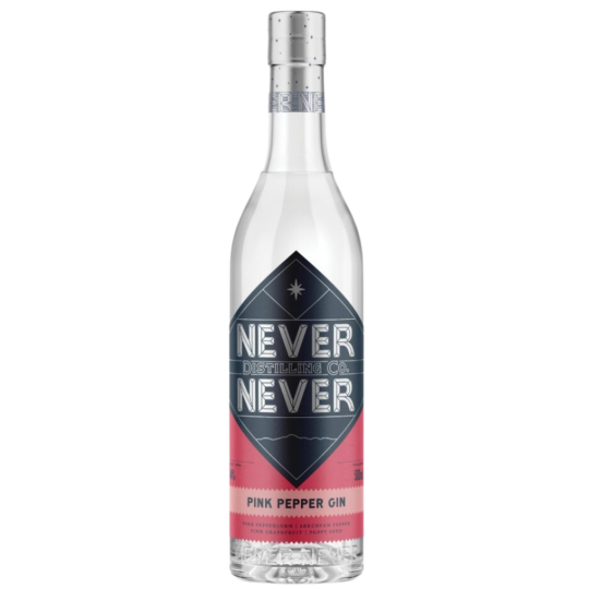 Bottle of Never Never Distilling Co Pink Pepper Gin in a 500ml bottle from LiquorDay, with pink peppercorns visible inside.