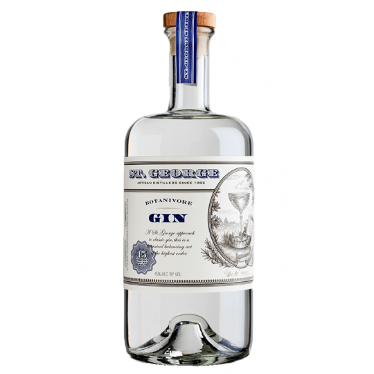 St. George Botanivore Gin 750mL bottle, an international gin with distinctive label and clear glass showcasing the liquor inside.