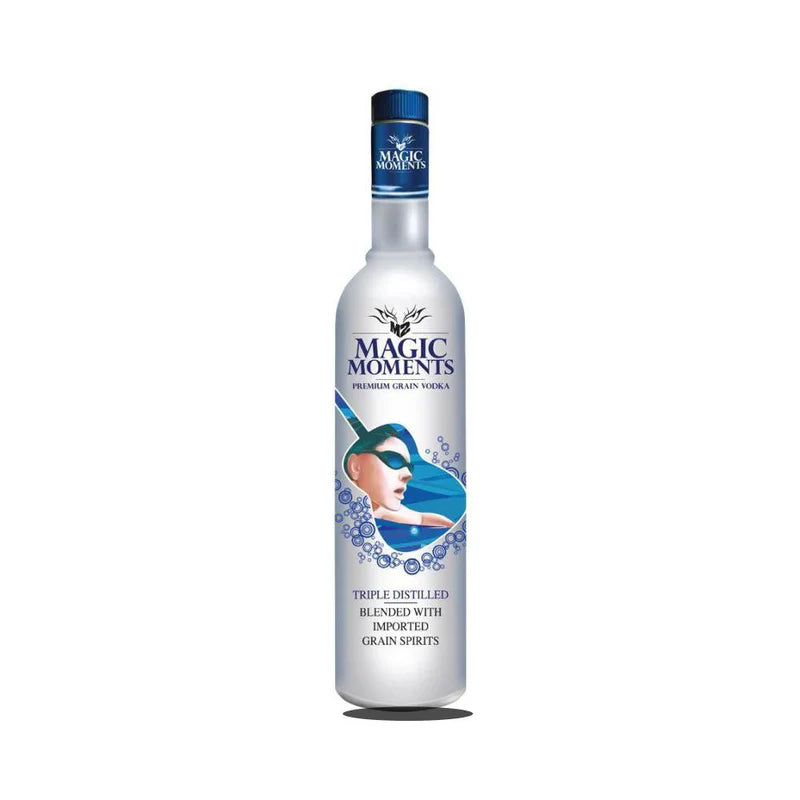 Bottle of LiquorDay Magic Moments Premium Vodka 700mL with clear label and sleek design, placed on a neutral background.