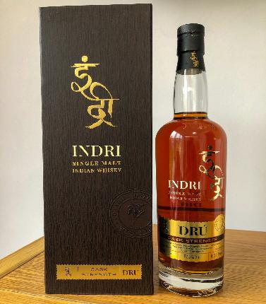 Indri Dru Cask Strength Indian Malt Single Malt whiskey in a 700ml bottle by LiquorDay, showcasing the dark amber liquid.