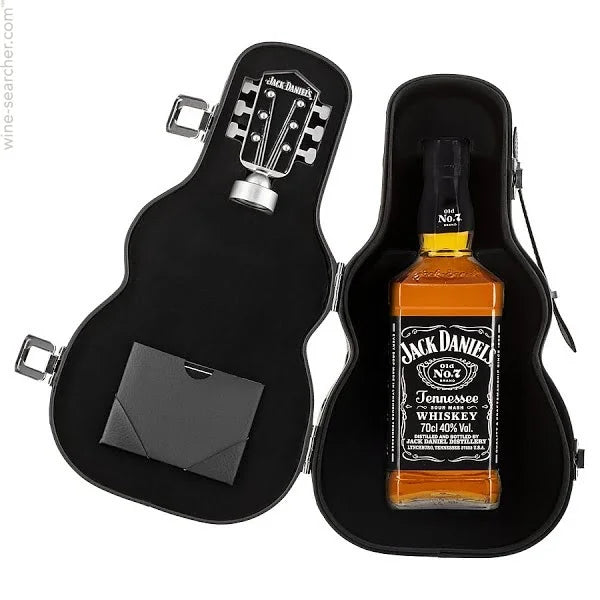 Jack Daniels Old No. 7 whisky bottle in a guitar-shaped case, 700ml, displayed with branding and packaging details.