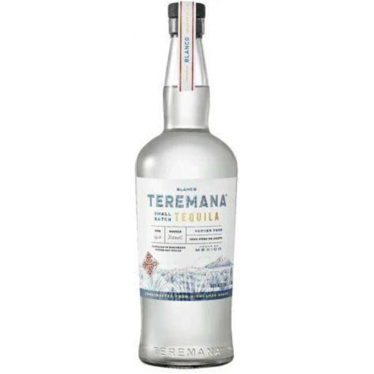 Paramount Teremana The Rock's Small Batch Blanco Tequila 700ml bottle with label and clear glass, showcasing premium tequila.