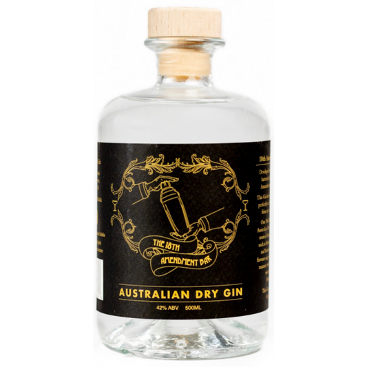Bottle of 18th Amendment Australian Dry Gin by Paramount, 500ml, with distinctive label and clear glass bottle.