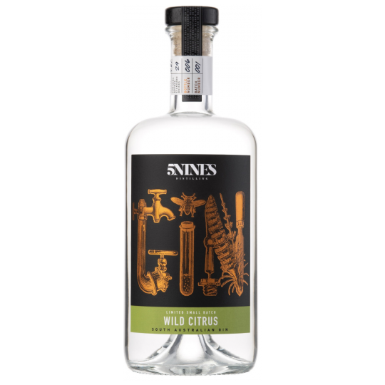 Paramount 5Nines Wild Citrus Australian Dry Gin bottle with label and clear glass, 750ml size, showcasing citrus flavor details.