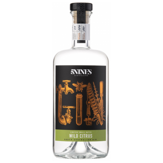 Australian dry gin bottle labeled 5Nines Wild Citrus Gin by Paramount with vibrant citrus imagery on the label.