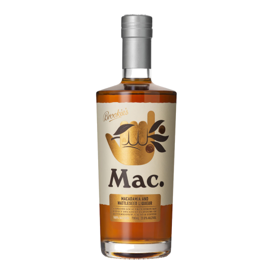 Australian dry gin bottle labeled Paramount Brookies Mac Liqueur 700mL with a dark glass bottle and distinctive label.