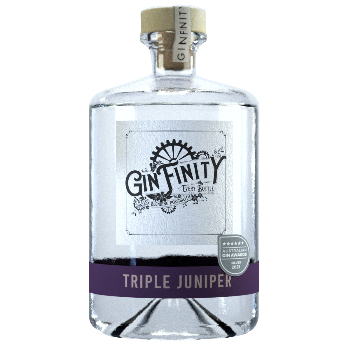 Australian Dry Gin Paramount Ginfinity Triple Juniper Gin 500ml bottle with juniper berries and botanical details