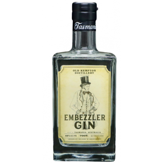 Paramount Old Kempton Distillery Embezzler Gin 700mL bottle with label, Australian dry gin in a clear glass bottle.