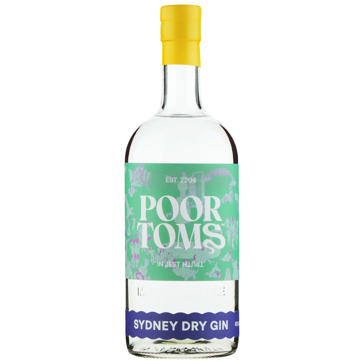 Australian Dry Gin bottle labeled Poor Toms Sydney Dry Gin by Paramount, 700ml, with a clear glass bottle and minimalist label design.