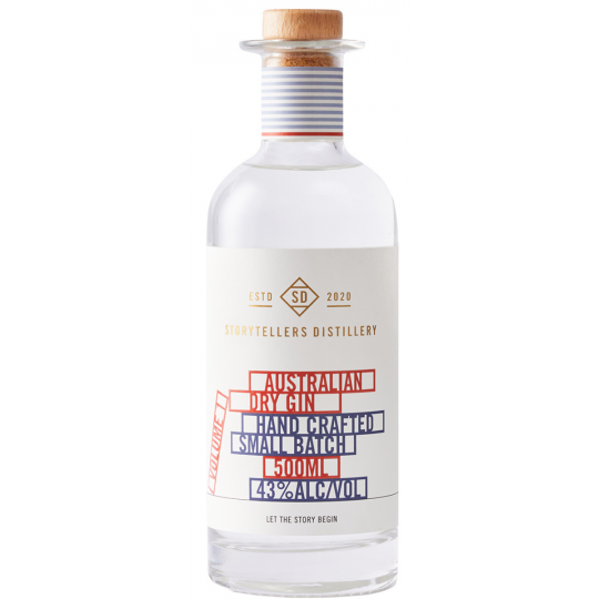 Paramount Storytellers Distillery Australian Dry Gin 500mL bottle with label and clear glass showcasing the gin inside.