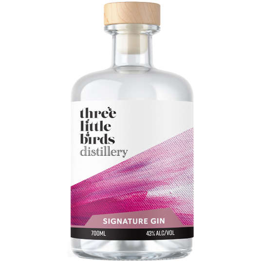 Australian dry gin bottle from Three Little Birds Distillery, Signature Gin by Paramount, 700ml clear glass with label and cap
