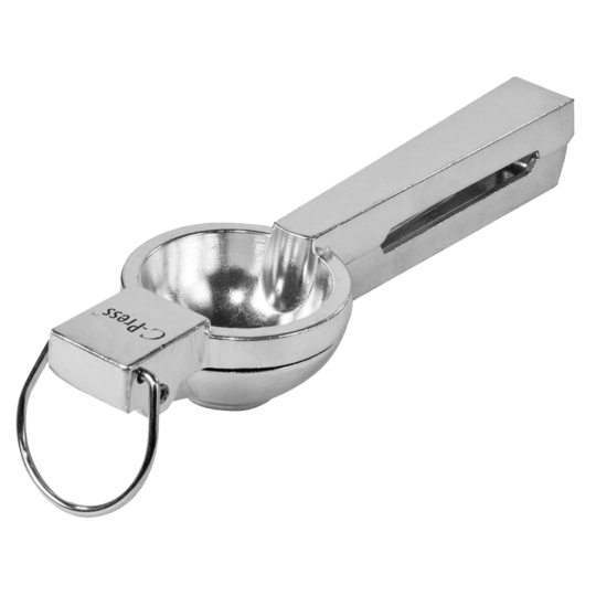 Paramount Uberbartools C-Press citrus squeezer for bar tools, showing the metal lever and citrus fruit for juice extraction.