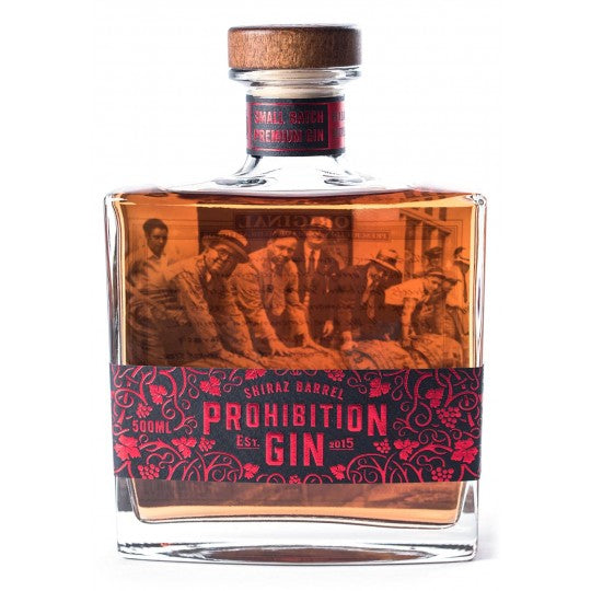 Paramount Prohibition Shiraz Barrel Gin in 500ml bottle, featuring barrel-aged gin with rich, deep flavors and a dark red hue.