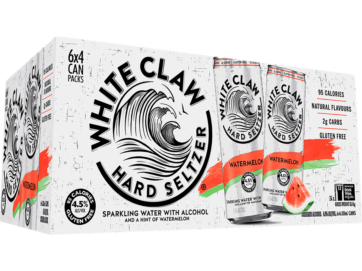 White Claw Watermelon Hard Seltzer cans by Paramount, 330ml, 24-pack, with vibrant watermelon design on the cans