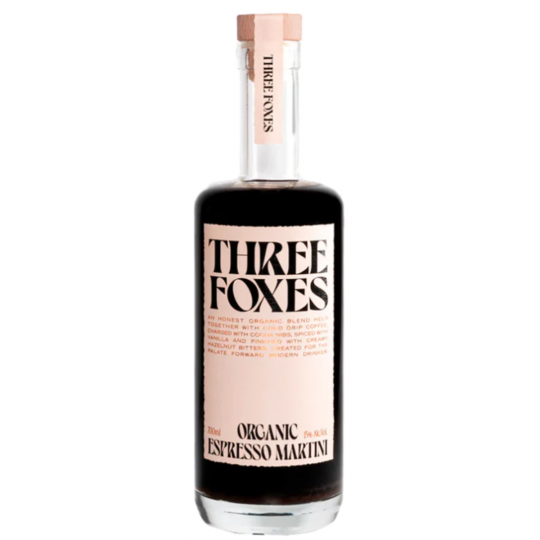 Three Foxes Organic Espresso Martini bitters by Paramount in a 700mL bottle, shown in a clear image.
