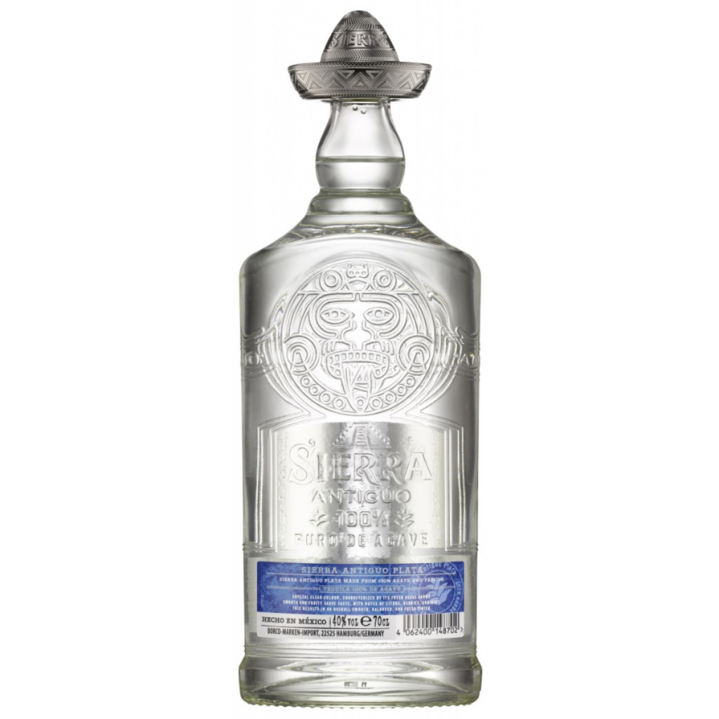 Paramount Sierra Antiguo Plata Blanco 700mL bottle with clear glass and silver label, showcasing the premium tequila's packaging.