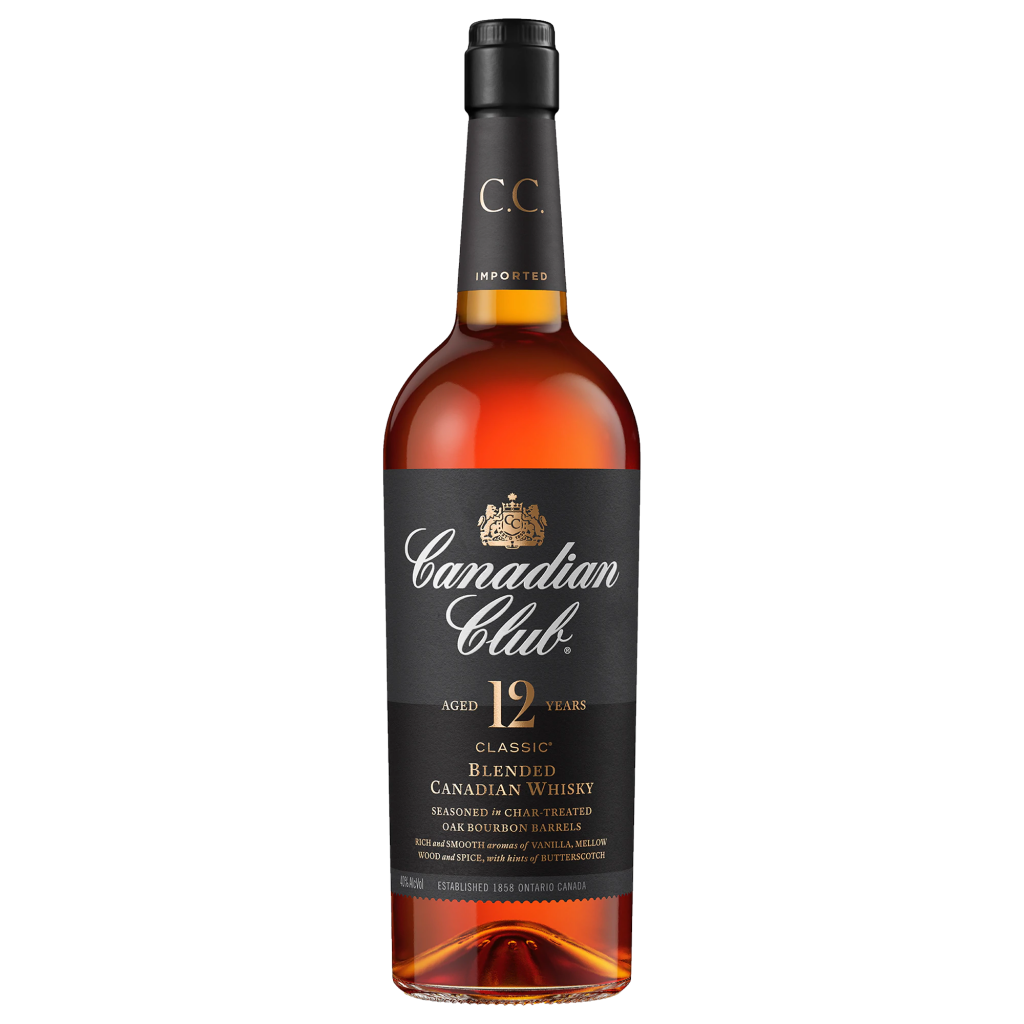 Canadian Club 12 Year Old Classic Blended Malt Whisky by Paramount, 700ml bottle with distinctive label and glass.