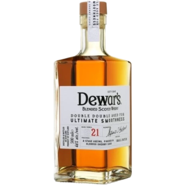 Dewar's 21 Year Old Double Double blended malt whisky in 500ml bottle, displayed with label and packaging.
