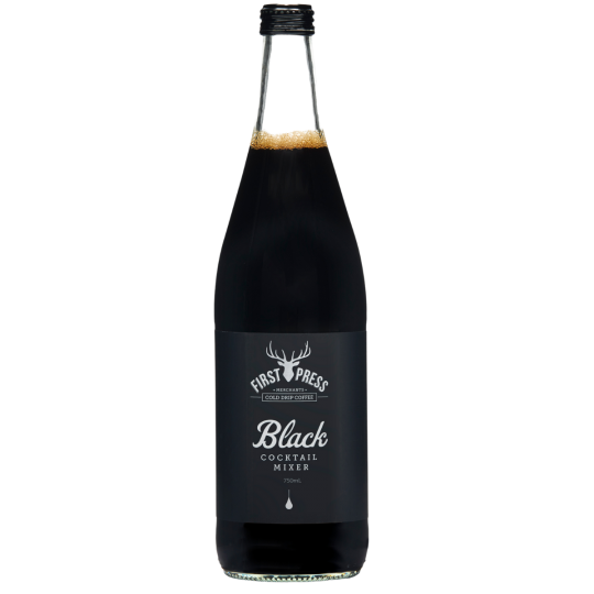 Paramount First Press Black Cold Drip Coffee Mixer 750mL bottle, cocktail mixer with dark coffee flavor and sleek black label.