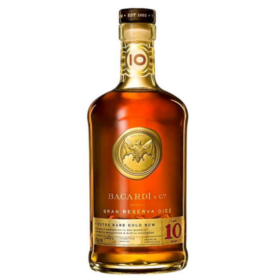 Paramount Bacardi Gran Reserva Extra Rare 10 Year Old Gold Dark Rum bottle, showcasing the rich amber liquid and label details.