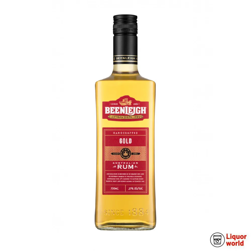 Beenleigh Gold dark rum in a copper pot still bottle by Paramount, 700ml, showcasing the rich amber color and detailed label.