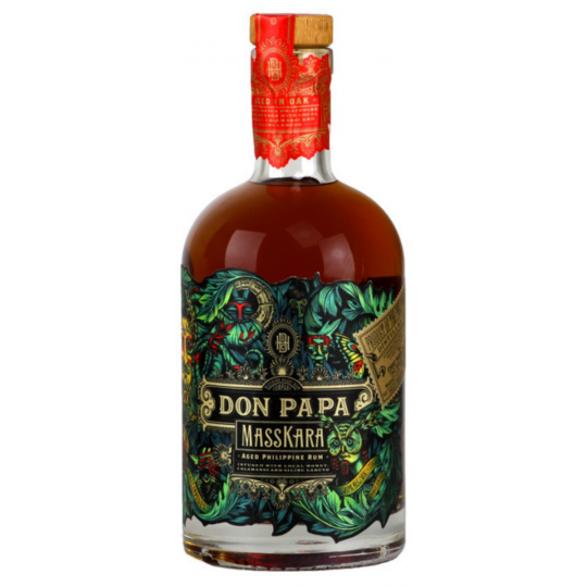 Dark rum in a 700ml Paramount Don Papa Baroko Philippines Rum bottle, featuring a rich, deep amber color and detailed label.