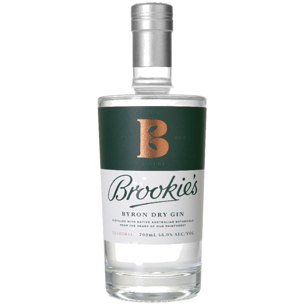 Brookie's Byron Dry Gin 700ml bottle from Paramount, showcasing clear glass with a label featuring botanical illustrations.