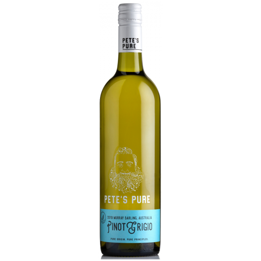 Bottle of Pete's Pure Pinot Grigio by Paramount, 750ml, with a clear label and elegant design.