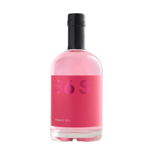 Bottle of 36 Short Rhubarb Gin by Paramount, 500mL flavored gin with a clear label and vibrant design.
