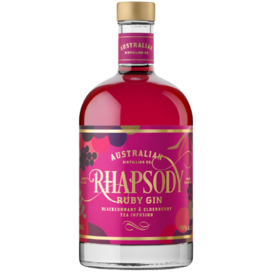 Australian Distilling Co Rhapsody Ruby Gin 700ml, flavored gin in a clear bottle with vibrant ruby color and sleek label design.