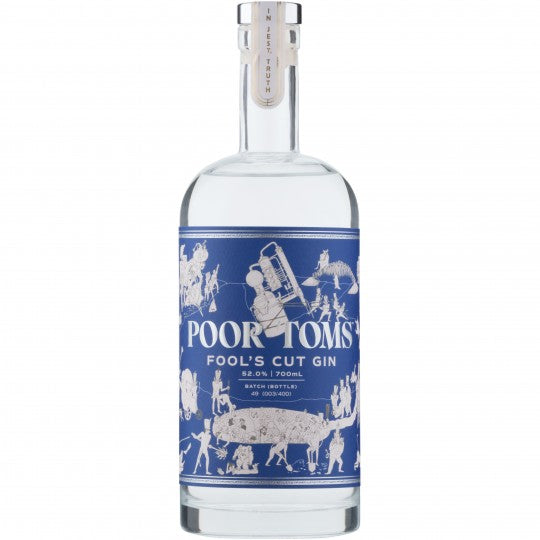 Paramount Poor Toms Fools Cut Flavoured Gin 700ml bottle with distinctive label and clear glass showcasing the vibrant gin inside.