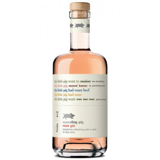 Paramount Squealing Pig Rose Gin 700mL bottle with pink hue and floral label, showcasing flavored gin with rose notes.